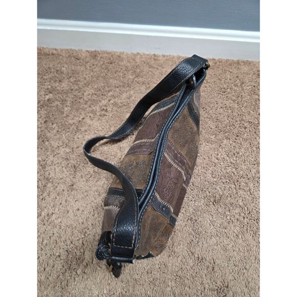 Fossil genuine leather suede y2k brown shoulder bag embossed floral print patch - Picture 5 of 10